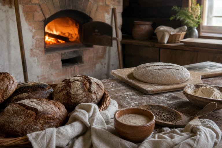 Lithuanian bread baking by a bread oven with rye loaves, sourdough, caraway, and a wooden peel