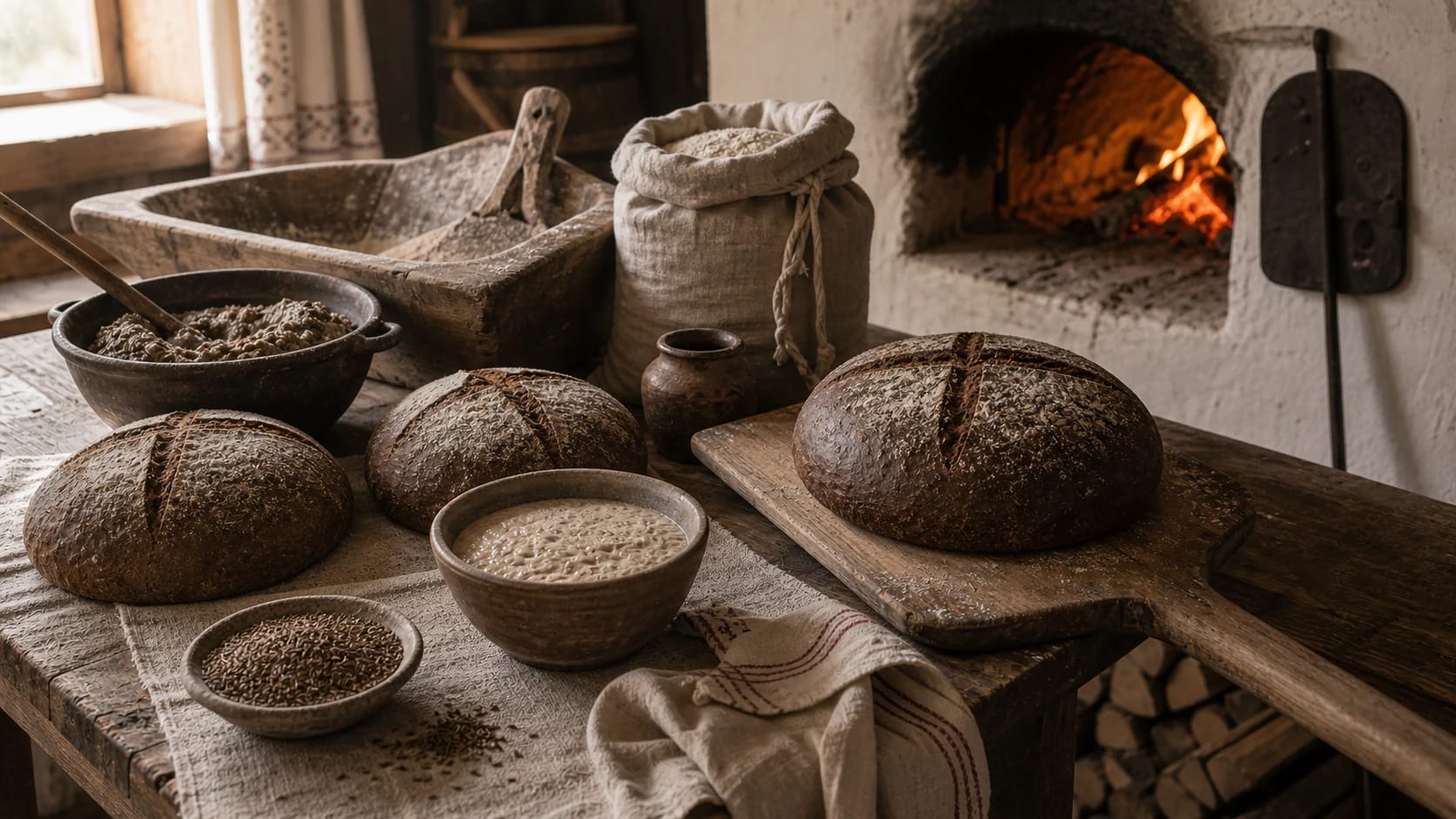 Lithuanian rye bread baking by a bread oven with vessels for sourdough, scald, dough trough, peel, and caraway seeds