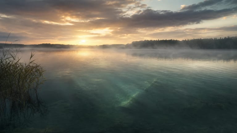 A dark cloud-shaped body of water moves over Lake Dusia, with an old cross and evening light on the shore