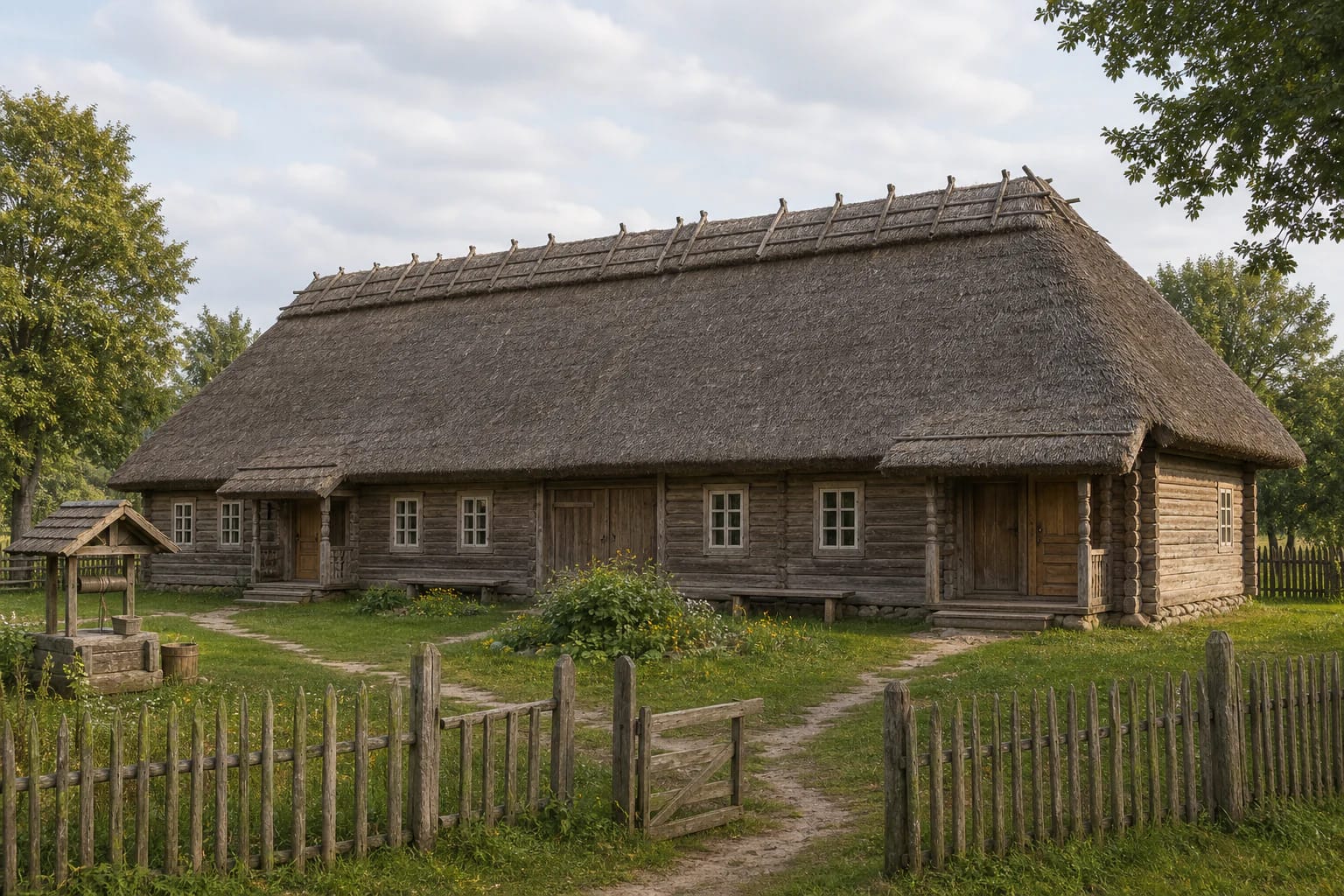 Section-like view of a dvigalė pirkia with family pirkia, priemenė, kamara, and seklyčia under a high wooden roof