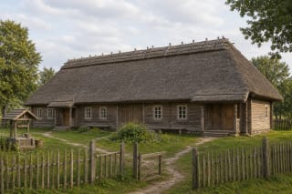 Section-like view of a dvigalė pirkia with family pirkia, priemenė, kamara, and seklyčia under a high wooden roof
