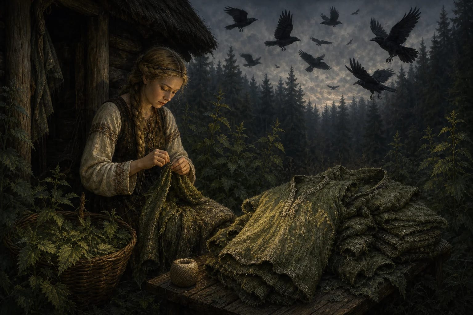 Twelve Brothers Who Flew as Ravens visual interpretation with bird brothers, sister's loyalty, test of silence motifs