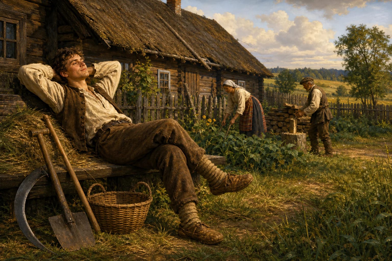 Сын-бездельник лениво отдыхает рядом с неиспользуемыми косой, лопатой и корзиной, пока родители работают у деревянной усадьбы
