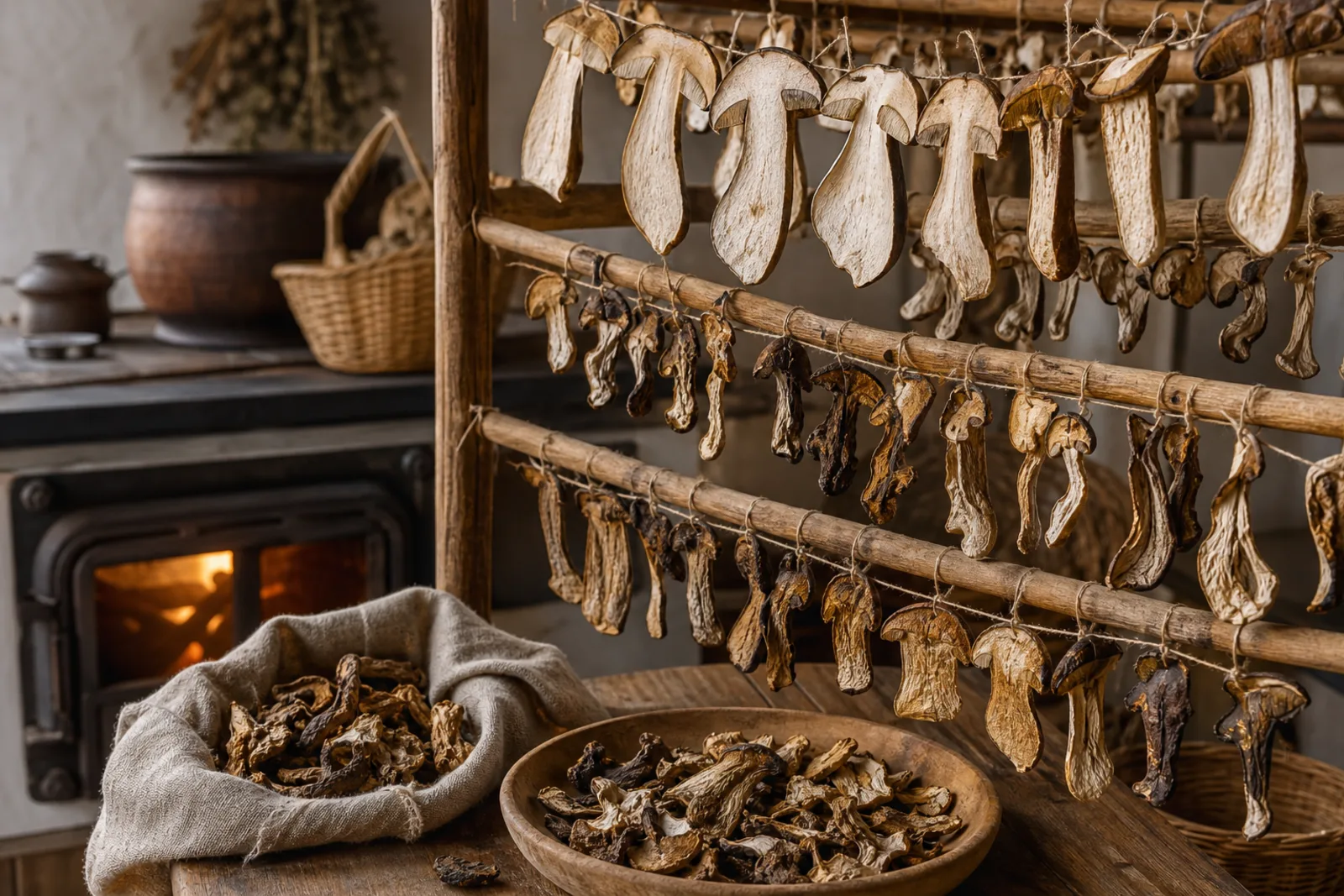 Džiovinti grybai: wild mushrooms preserved by drying for soups, sauces, and fillings in a Lithuanian traditional food context