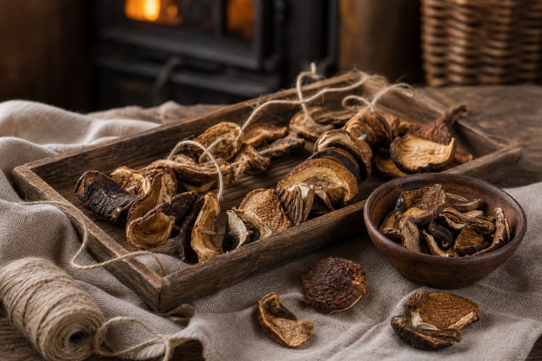 Porcini drying on a string near a stove, a jar of dried mushrooms, and a wooden shelf