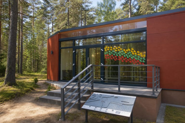 Russet-red entrance of the Dzūkija National Park Visitor Centre among pines in Marcinkonys