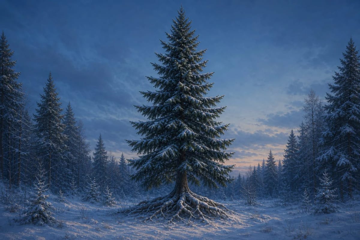 A green spruce in a winter forest as a Lithuanian folklore symbol of transformation and evergreen life