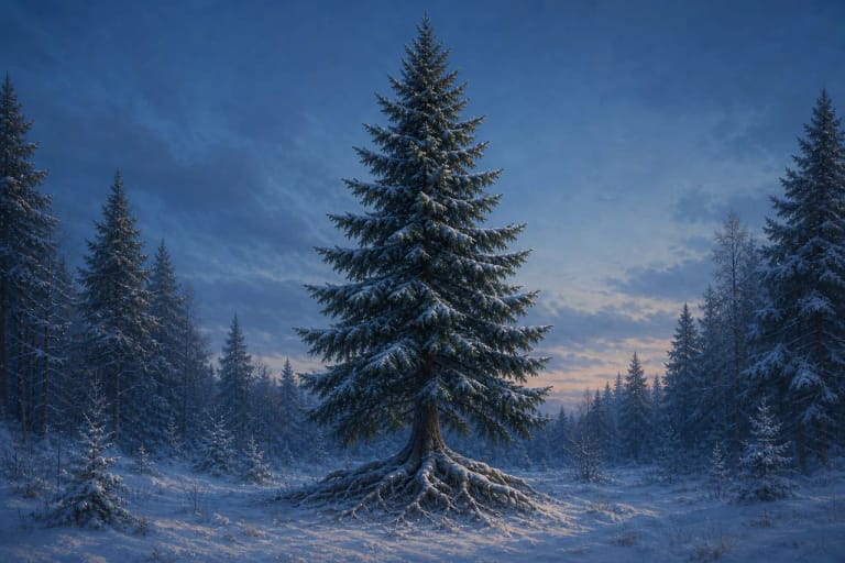 A green spruce in a winter forest as a Lithuanian folklore symbol of transformation and evergreen life