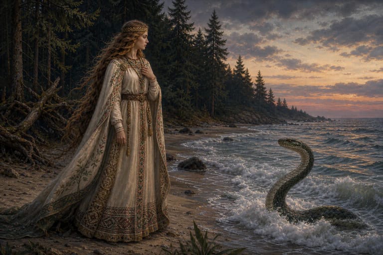 Eglė, Queen of Serpents, beside the Baltic Sea as a serpent rises from the waves