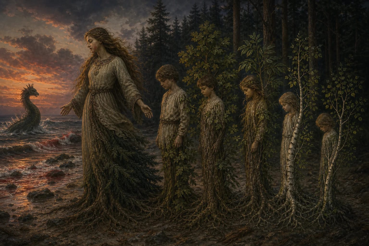 Eglė, Queen of Serpents visual interpretation with serpent bridegroom, oath, sea palace motifs