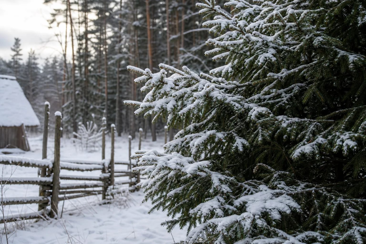 Snow-covered spruce beside a Lithuanian homestead fence in winter forest.