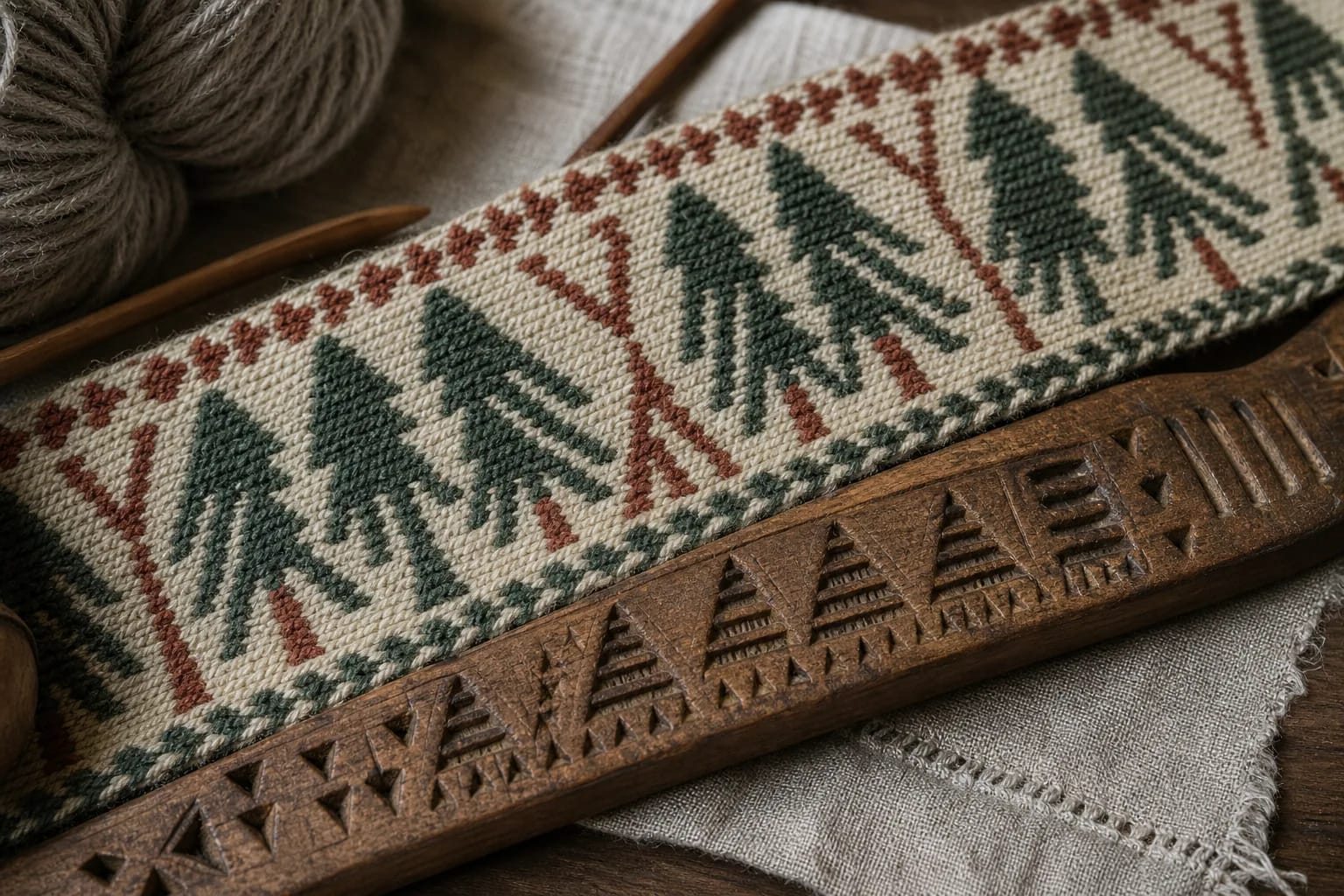 Textile and carved wood detail with fir-tree, tooth, and rake-like motifs.