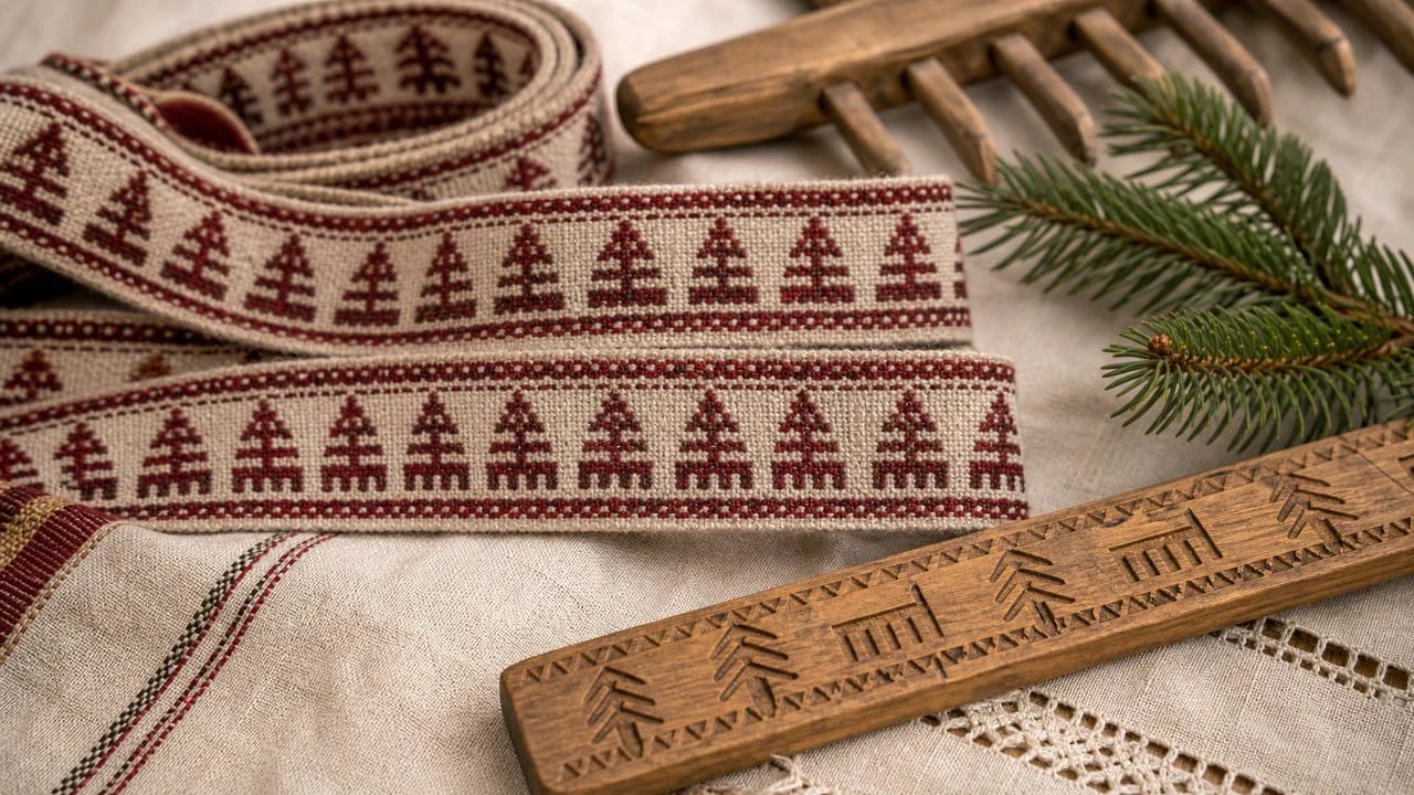 Fir-tree motifs, teeth, and little rakes in Lithuanian sash and textile patterns