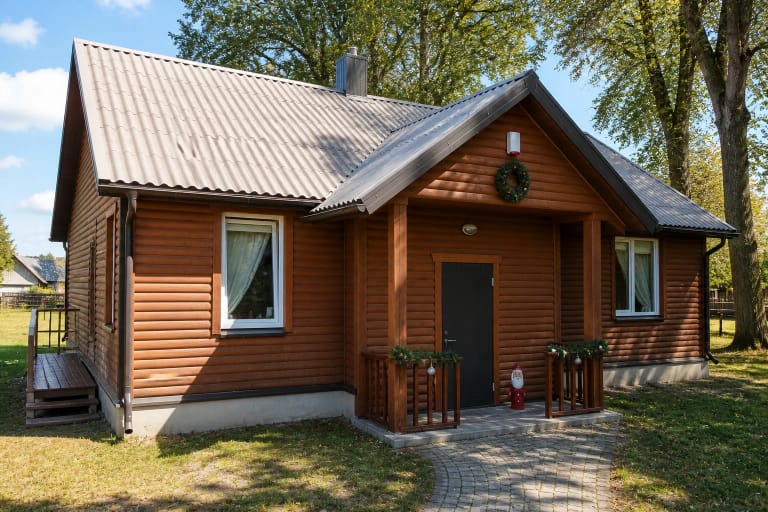 Miežiškių Eglutės žaisliukų muziejaus medinis pastatas su baltu dvišlaičiu stogu ir medžiais