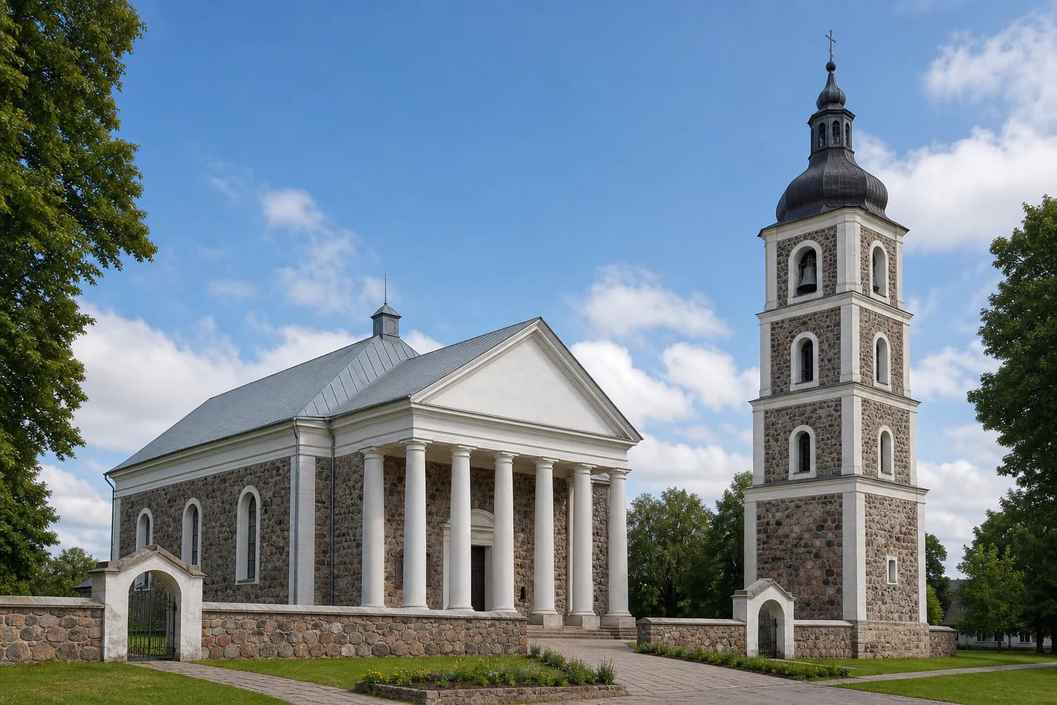 Lauko akmenų Eišiškių bažnyčia su šešių baltų kolonų portiku ir aukšta atskira varpine