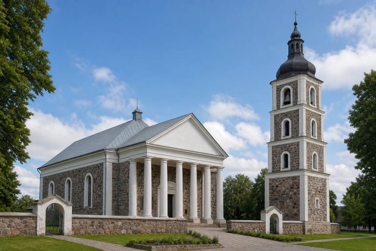 Fieldstone church in Eišiškės with a six-column white portico and a tall freestanding bell tower