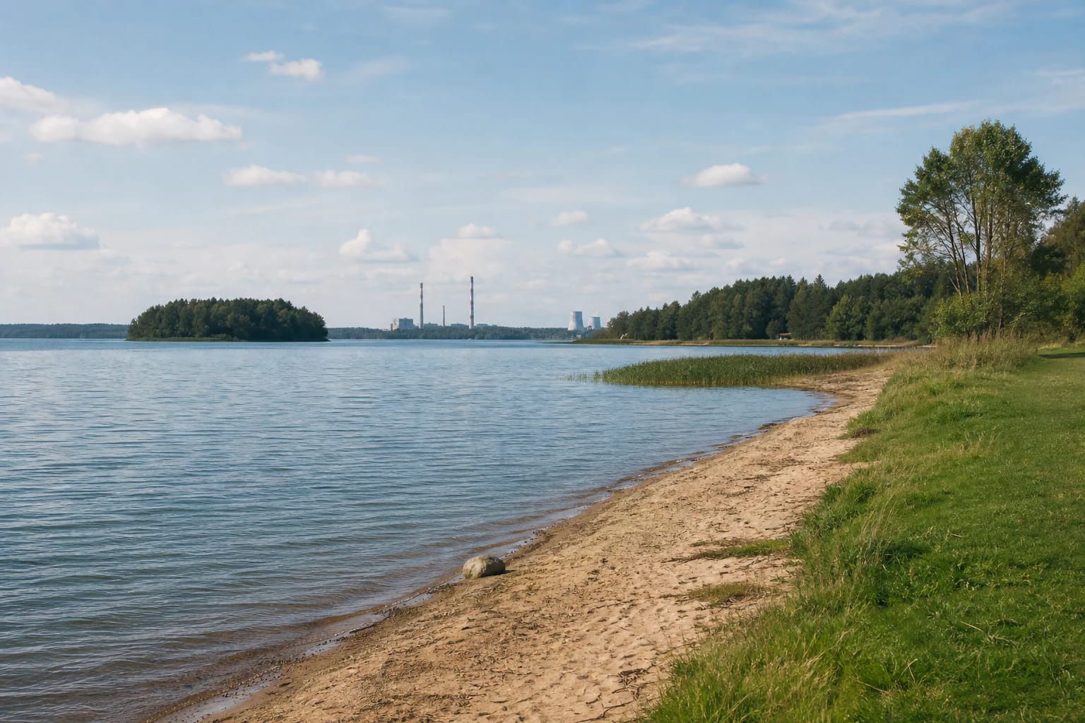 Elektrėnų marių smėlio pakrantė, miškinga sala ir tolumoje matomi elektrinės kaminai