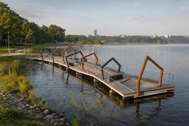 Angular deck of Elektrėnai Pontoon Pier with rust-coloured arches and a net lounger above the calm reservoir
