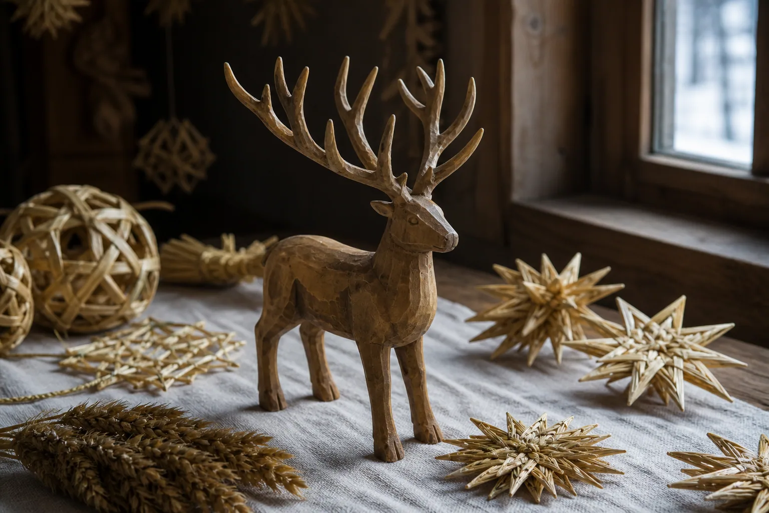 Carved nine-antlered deer figure on a table with straw ornaments.