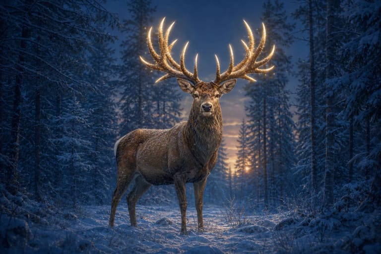 A nine-antlered stag in a winter forest with bright antlers as a symbol from Lithuanian Christmas songs