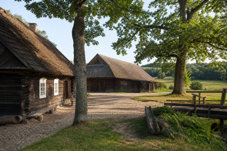 Tamsūs rąstiniai Bilionių sodybos pastatai tarp ąžuolų ir Žemaitijos laukų