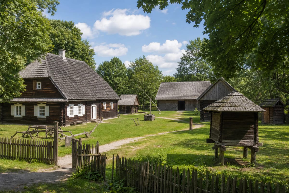 Dark wooden buildings, yard and wooden fence at Pranas Dzūkas Ethnographic Homestead in Delnica