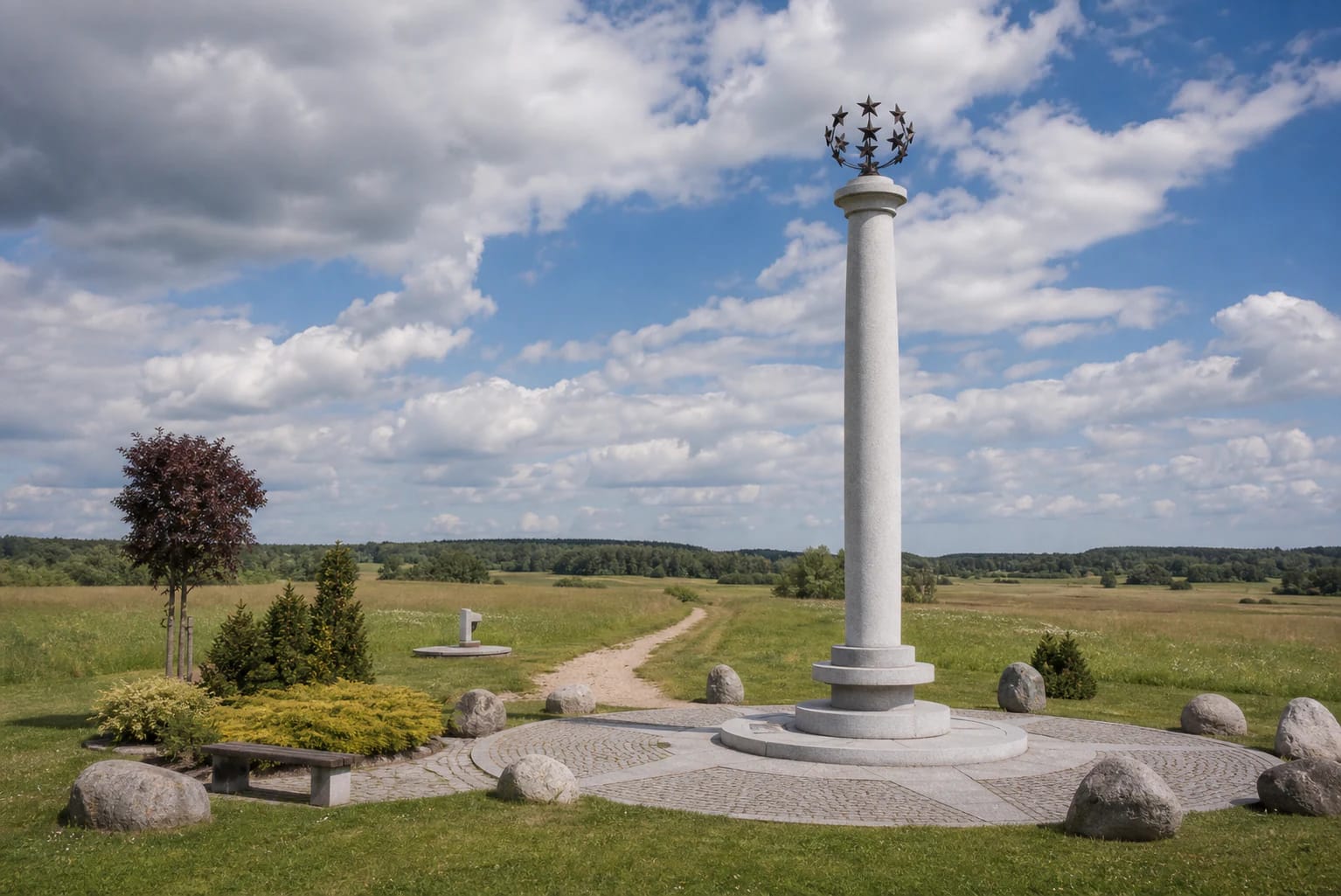 White granite column of the Geographical Centre of Europe with a crown of stars in an open field near Vilnius