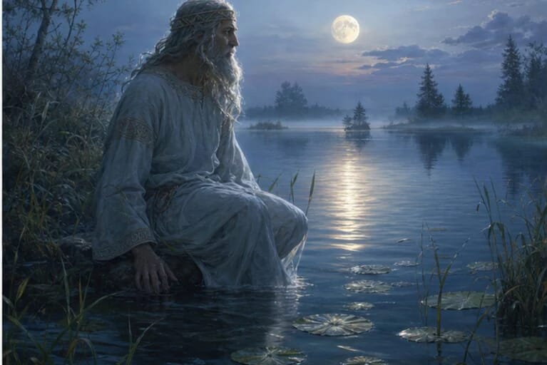 Ežerinis in Lithuanian mythology by a quiet lake, reeds, and a moon reflection