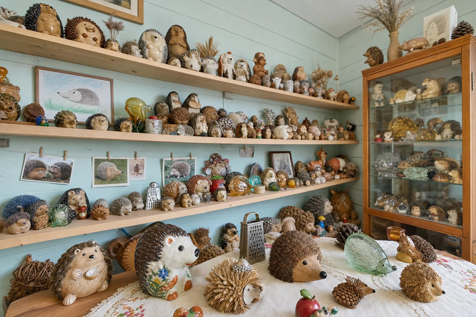 Hundreds of different ceramic, glass, wooden, and textile hedgehog figurines on the shelves of Kretinga's Hedgehog Museum