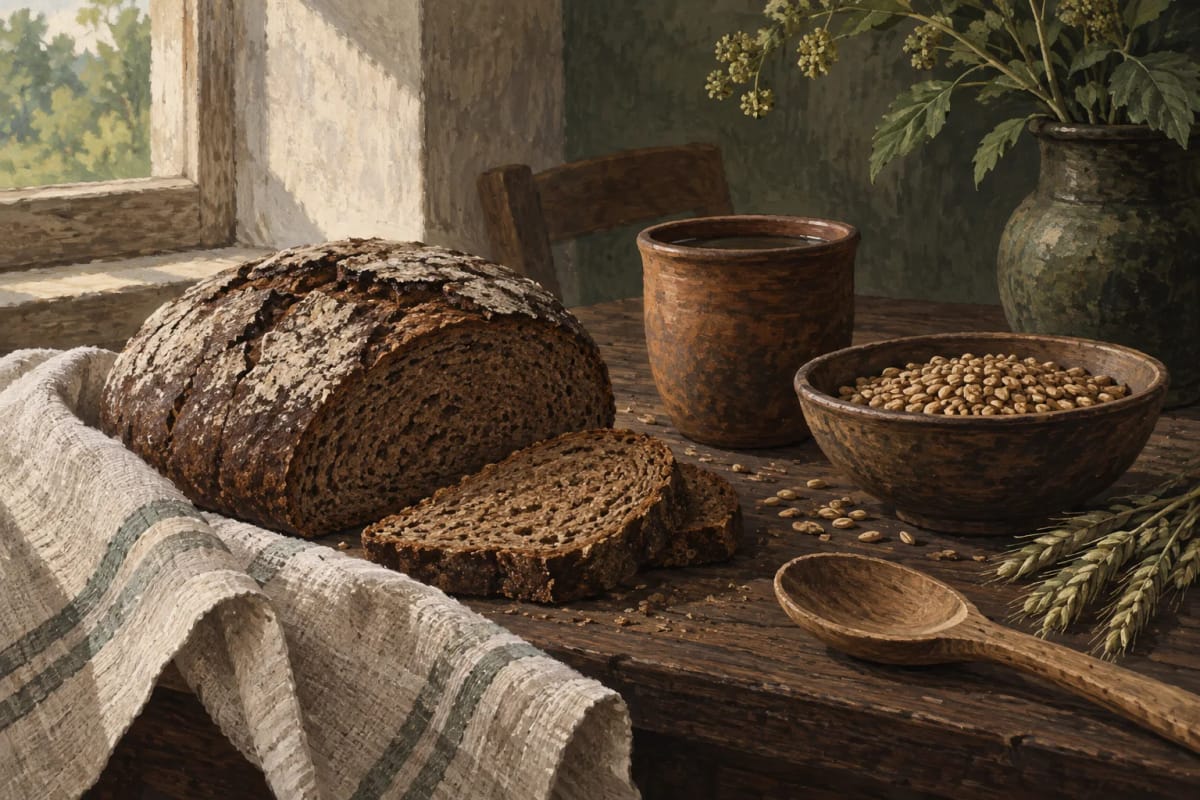Illustrative view of a traditional food table, rather than a reconstruction of a particular historical recipe