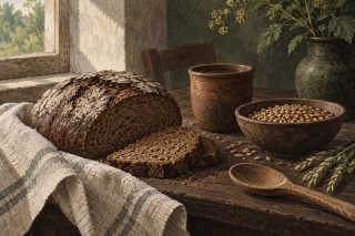 Illustrative view of a traditional food table, rather than a reconstruction of a particular historical recipe