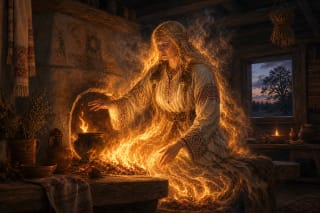Gabija protects sacred fire beside an old Lithuanian household hearth