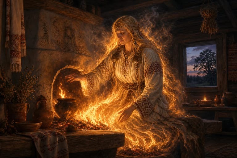 Gabija protects sacred fire beside an old Lithuanian household hearth