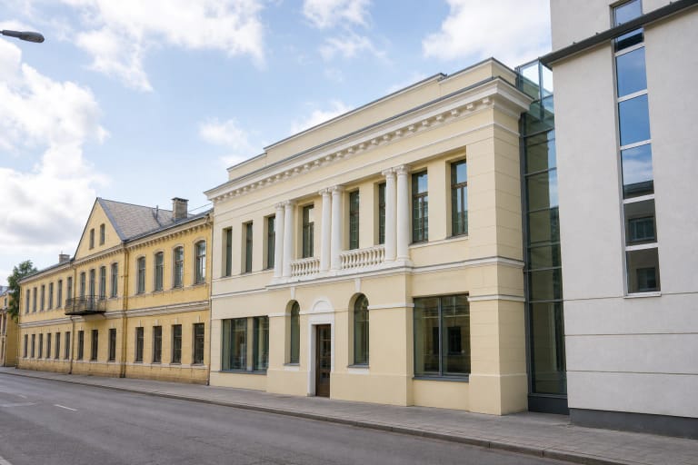 Pale-yellow historic facade of Gabrielė Petkevičaitė-Bitė Library with columns, balcony, and contemporary extension in Panevėžys