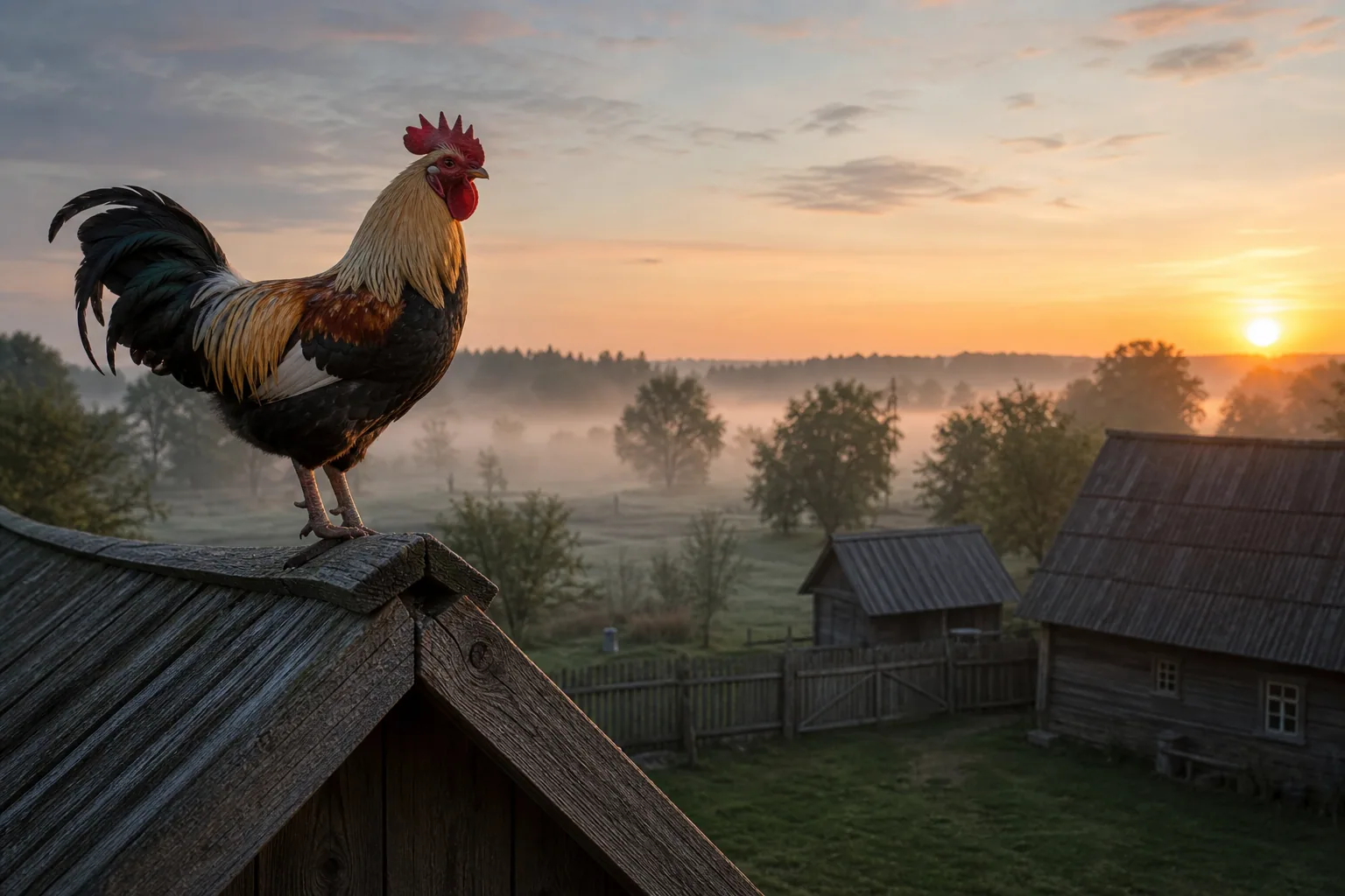 Rooster on the ridge of a wooden homestead roof at dawn.
