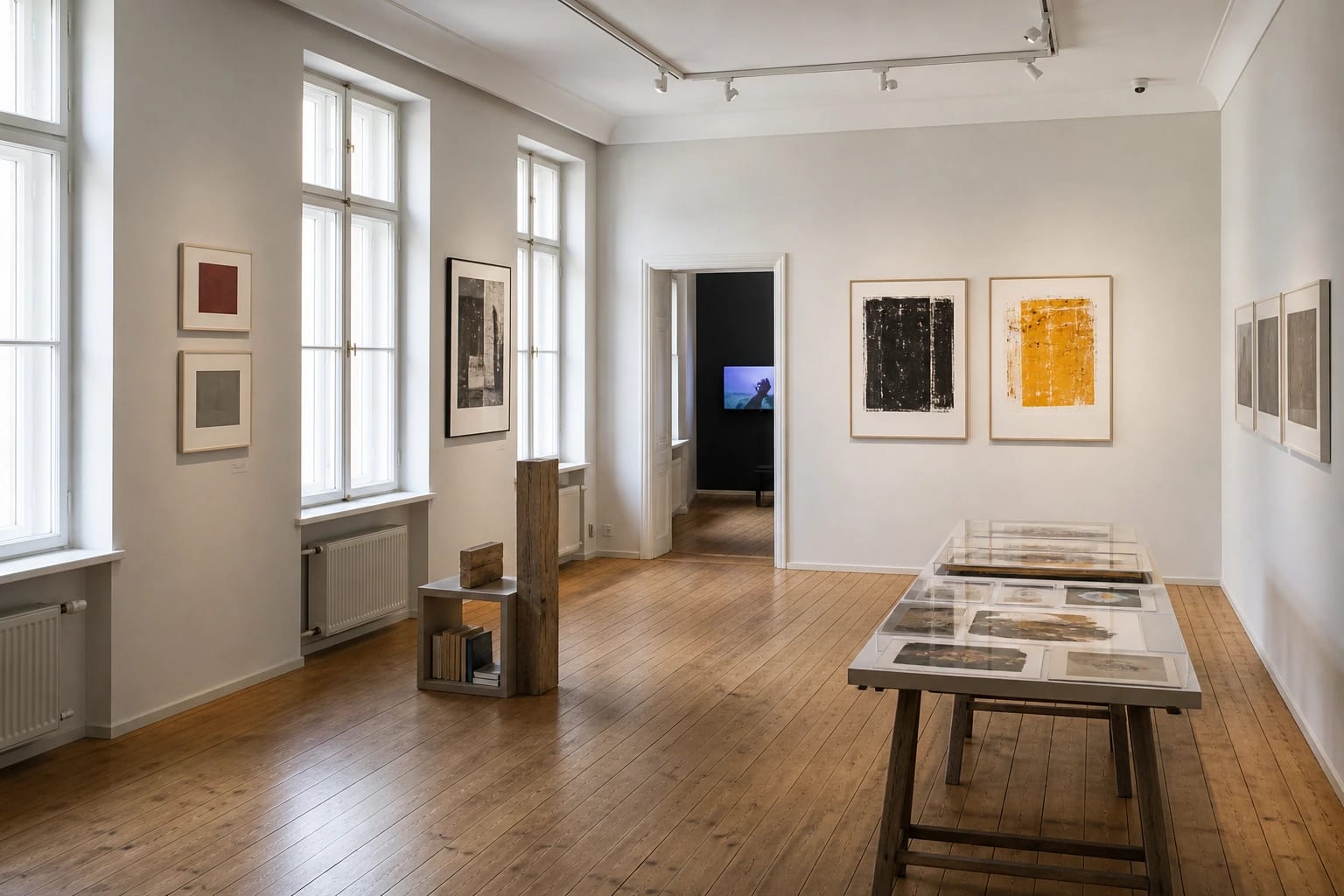 A bright compact Galerija VARTAI room with photographic works, a silkscreen piece, and a restrained sculptural installation