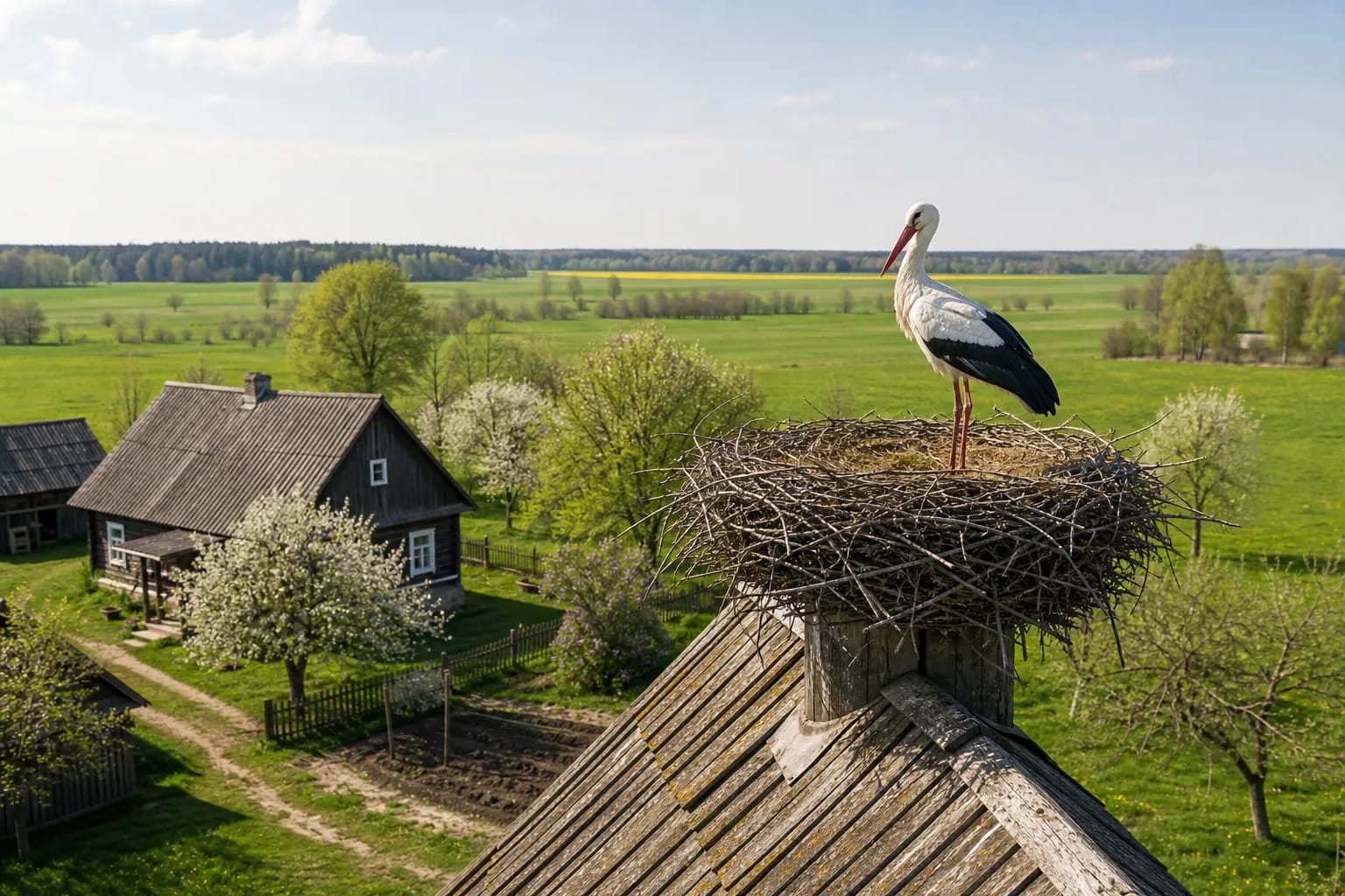 Stork in a nest above a homestead roof and spring fields.