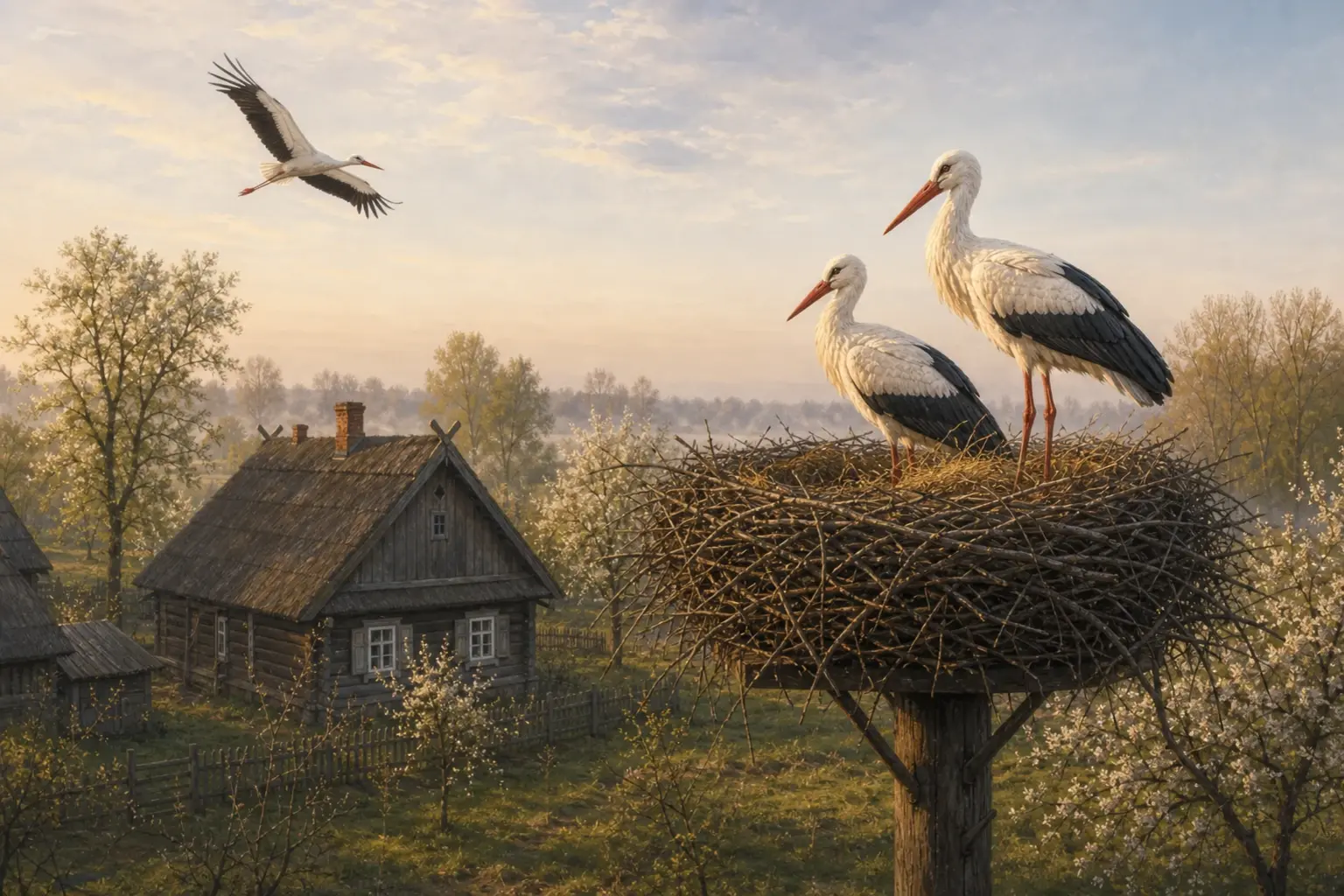 A stork in a nest on a Lithuanian homestead as a symbol of household luck and spring in Lithuanian folklore