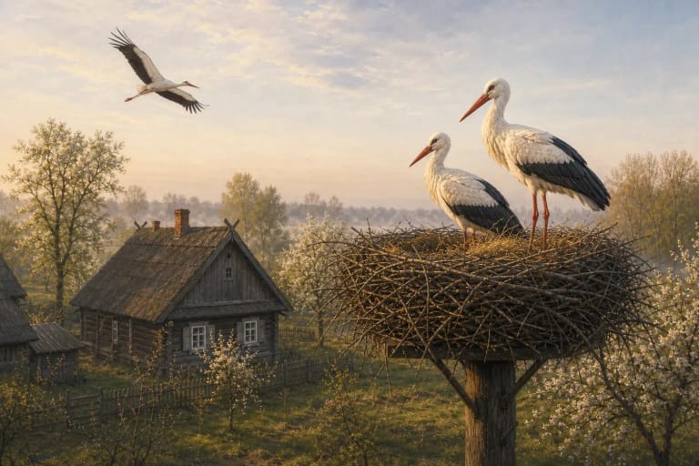 A stork in a nest on a Lithuanian homestead as a symbol of household luck and spring in Lithuanian folklore