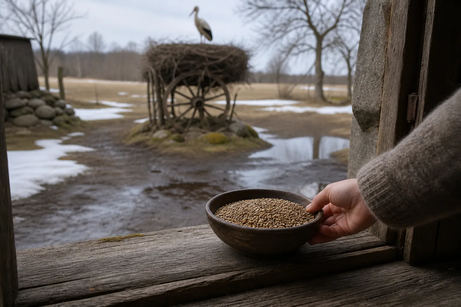 Gandrines seed grain by the threshold and a stork nest in the yard