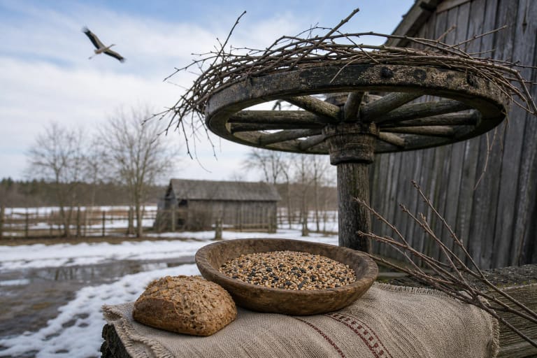 A stork nest on an old wagon wheel, a bowl of seed grain, spring thaw, and a stork flying in the distance