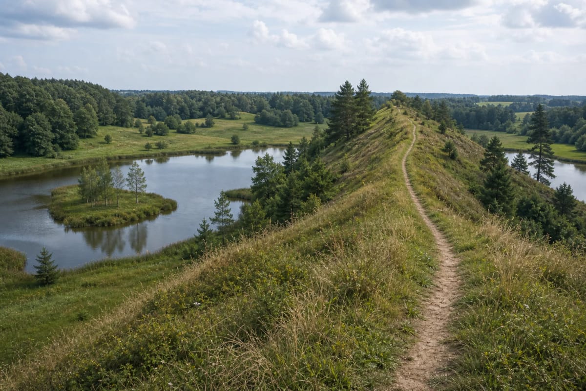 Narrow green ridge of Gardai Esker Educational Trail with a path and ponds below