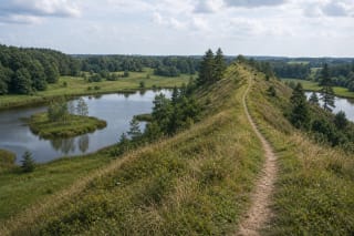 Narrow green ridge of Gardai Esker Educational Trail with a path and ponds below