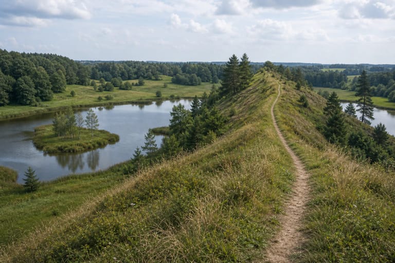 Gardų ozo pažintinio tako siauras žalias kalvagūbris su taku ir tvenkiniais apačioje