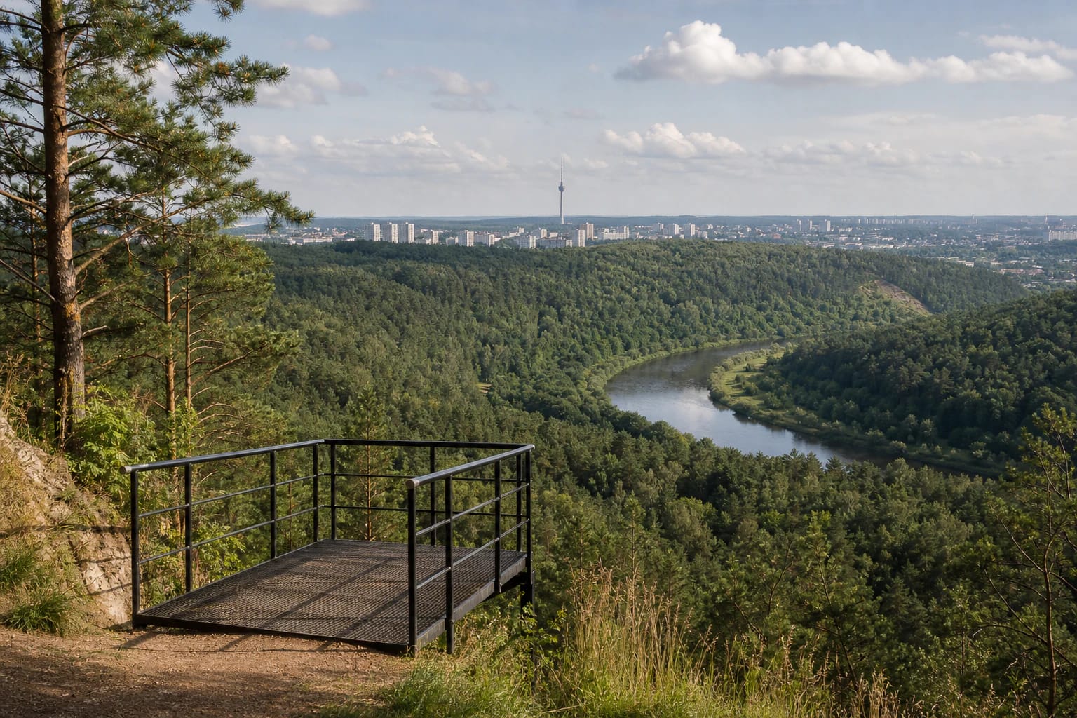 Gariūnai Viewpoint metal platform above the wooded Neris Valley with the TV tower on the horizon