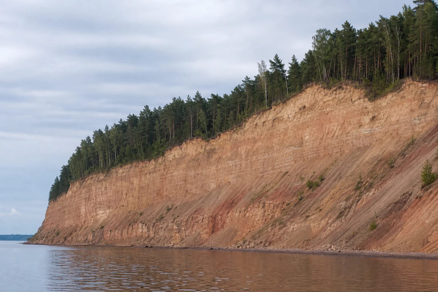 Long warm-colored Gastilionys geological wall above Kaunas Reservoir with pine forest on its crest