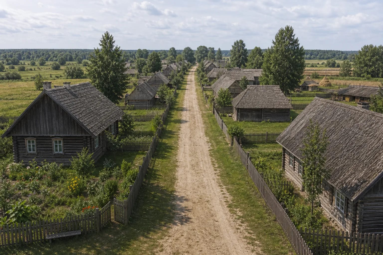 In a street village, farmsteads line a single main road.