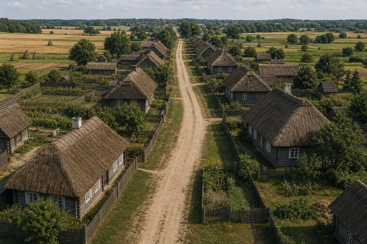 Lithuanian street village with wooden farmsteads on both sides of one long street, fences, gates, and strip-field plots