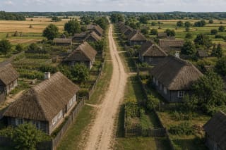 Lithuanian street village with wooden farmsteads on both sides of one long street, fences, gates, and strip-field plots