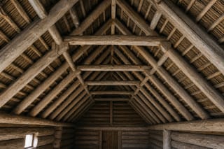 Section of rafter roof construction with paired rafters, ridge, battens, under-rafter crown, and traditional roof covering
